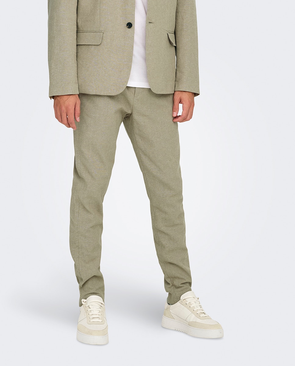 Calças Slim Fit de Algodão e Linho Cinzento-2