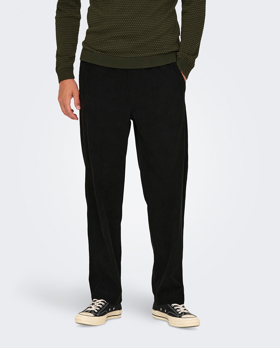 Calças de bombazina loose fit Preto-2