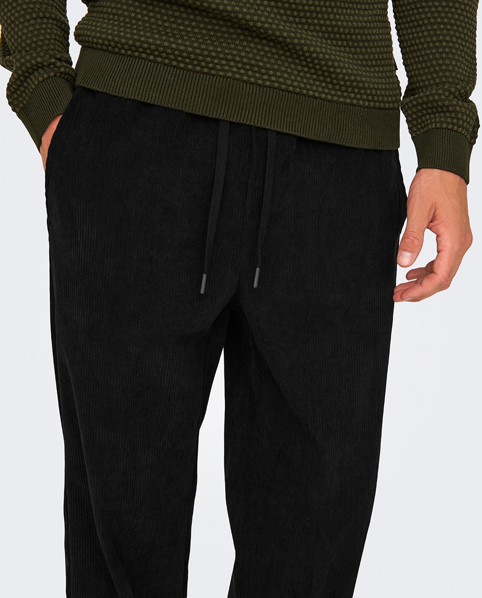 Calças de bombazina loose fit Preto-4