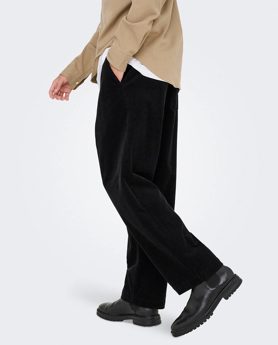 Calças de bombazina loose fit Preto-5