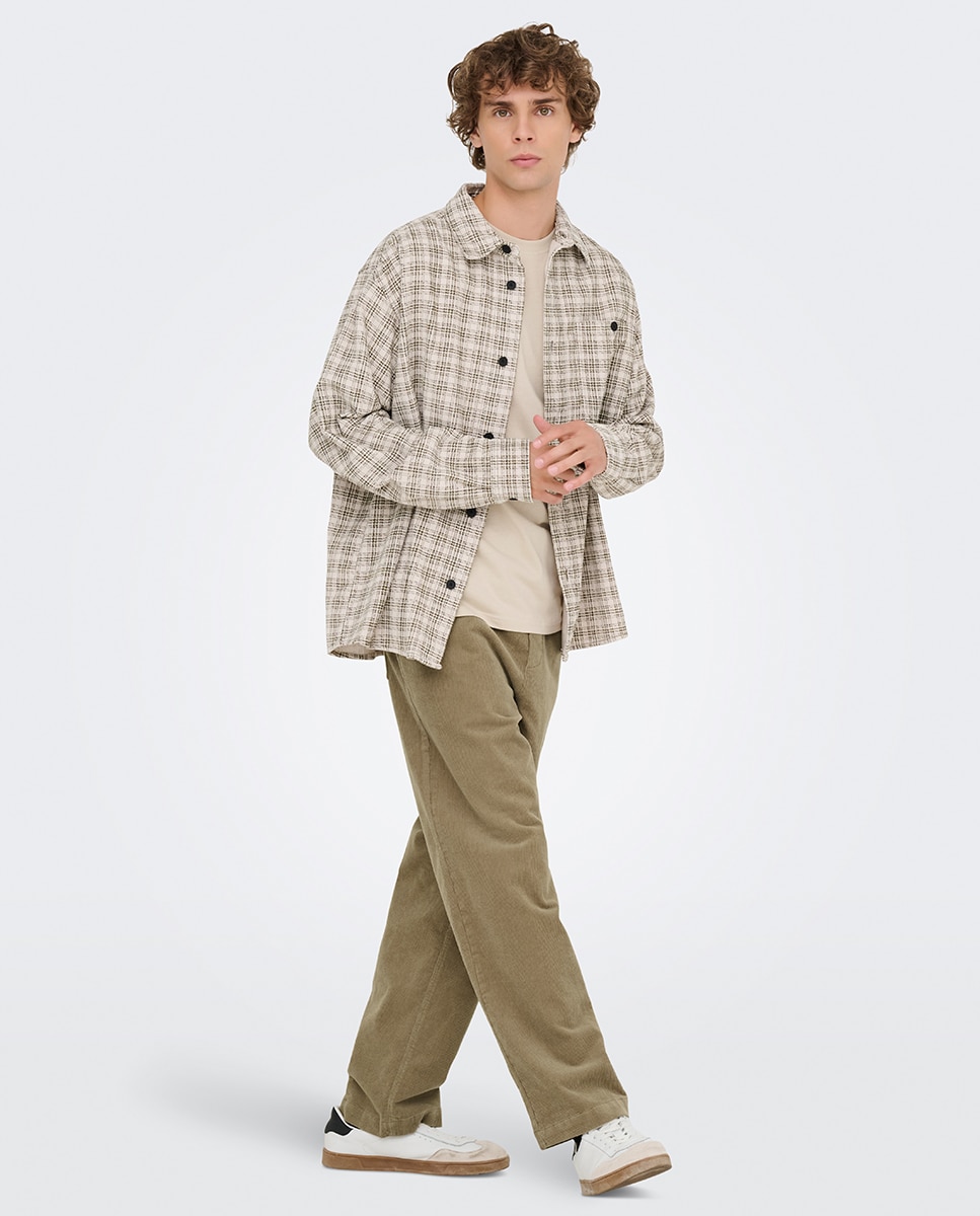 Calças de bombazina loose fit Bege-1