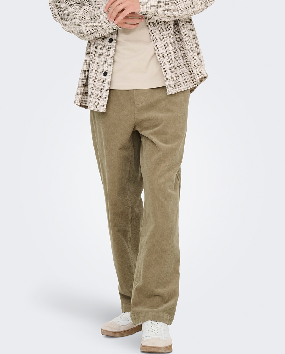 Calças de bombazina loose fit Bege-2