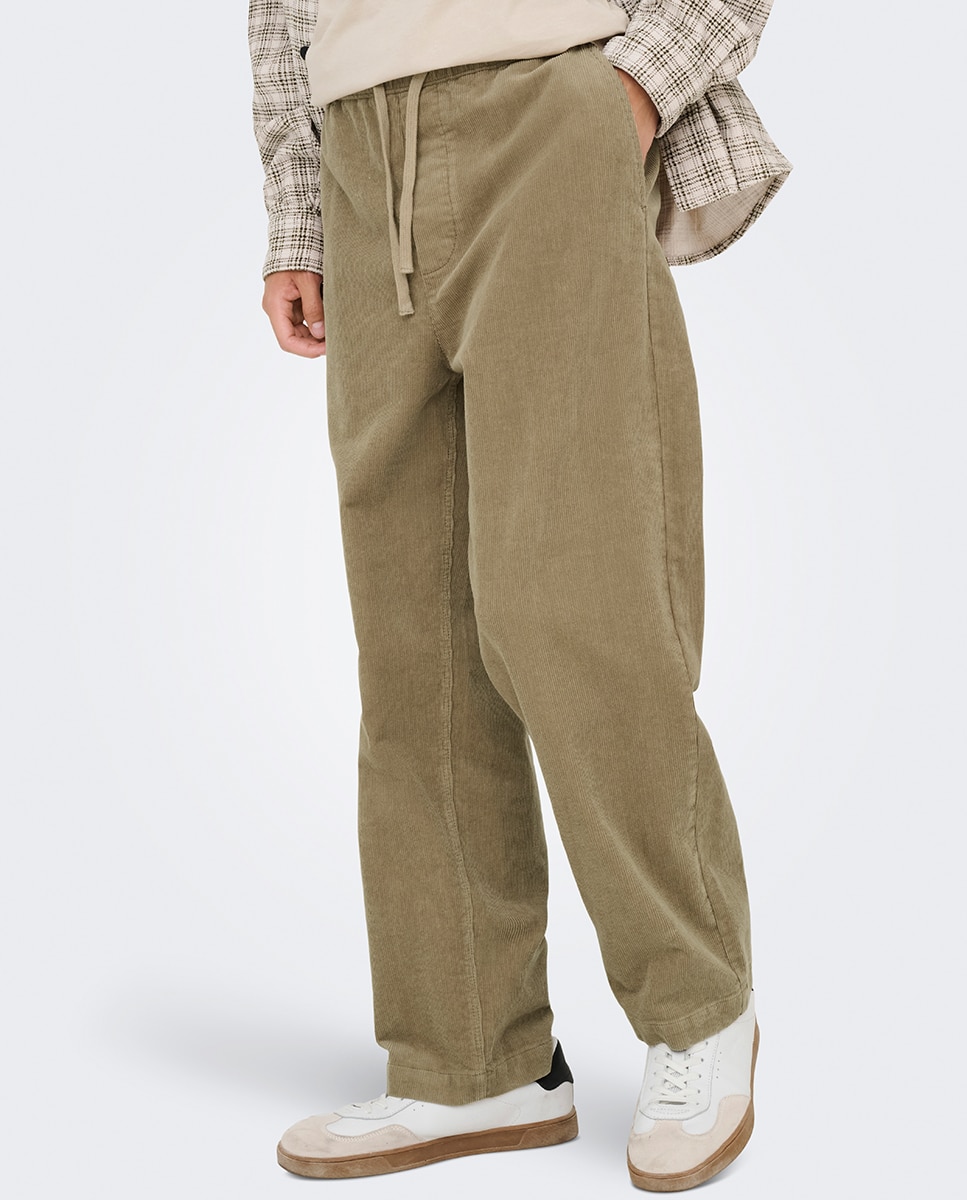 Calças de bombazina loose fit Bege-4