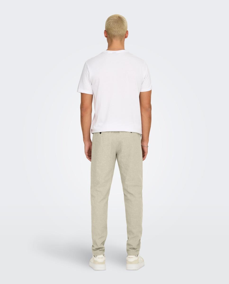 Calças Slim Fit de Algodão e Linho Bege-2