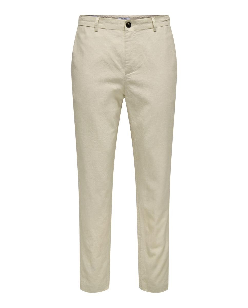 Calças Slim Fit de Algodão e Linho Bege-3