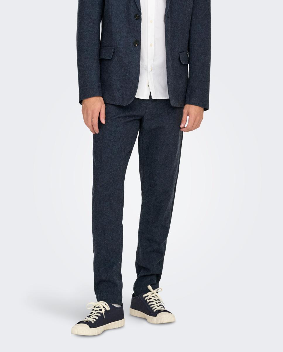 Calças Slim Fit Fabricadas com Algodão e Linho Azul-marinho-2