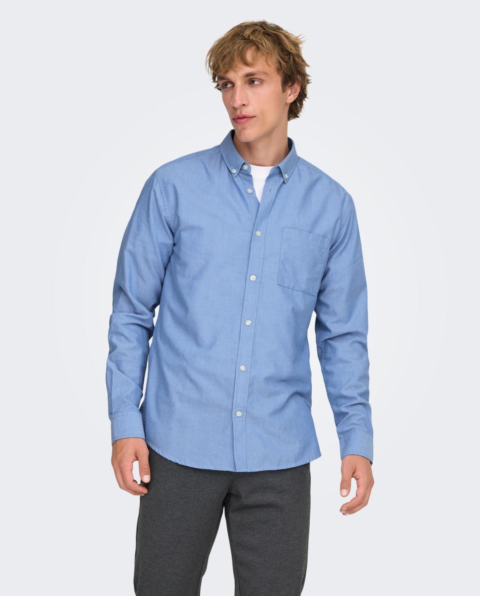 Camisa Oxford slim lisa de homem Azul-claro-1