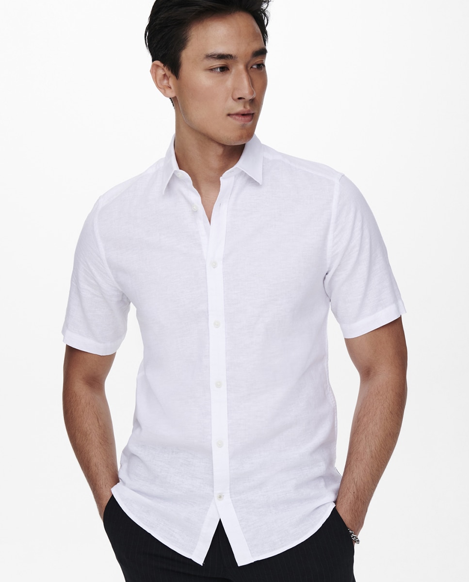 Camisa de Linho com Manga Curta Branco-3