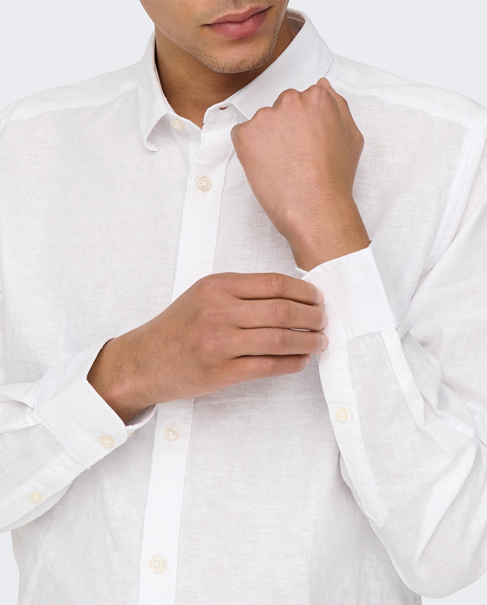Camisa de lino de hombre manga larga regular fit - Only & Sons - Blanco Blanco-3