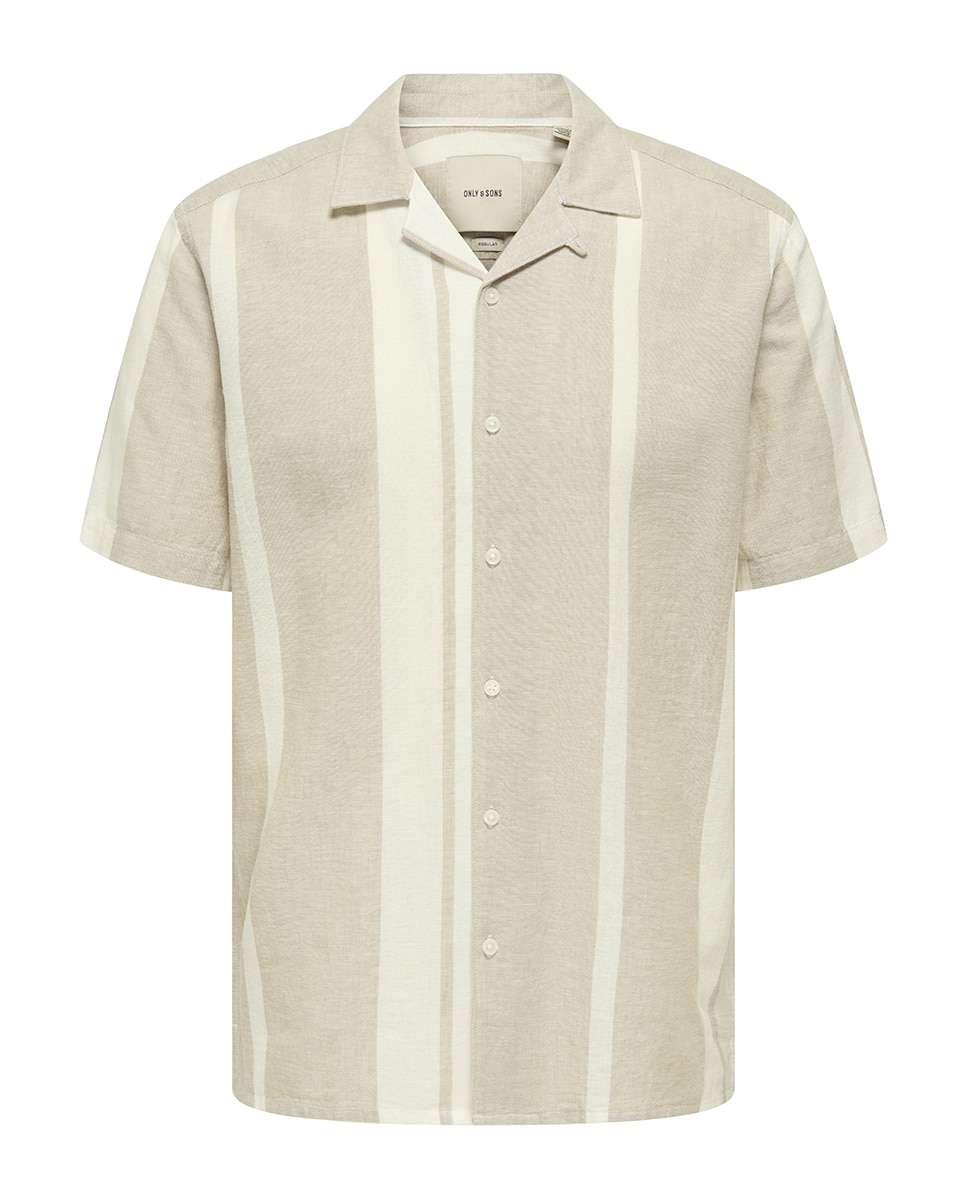Camisa de Manga Curta Regular Fit. Composta de Linho e Algodão. Bege-3