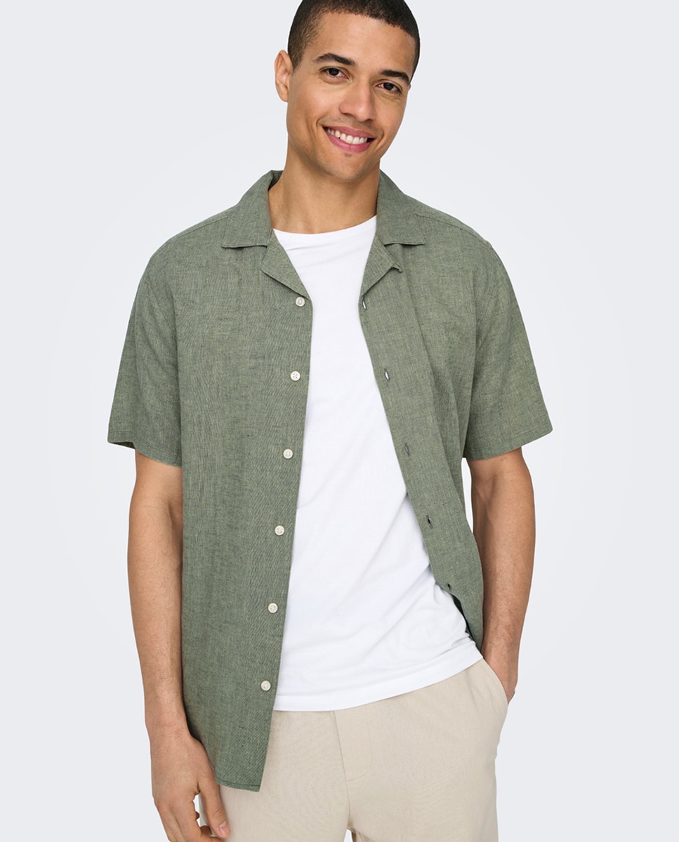Camisa de manga corta de lino de hombre - Only & Sons - Verde Verde-1