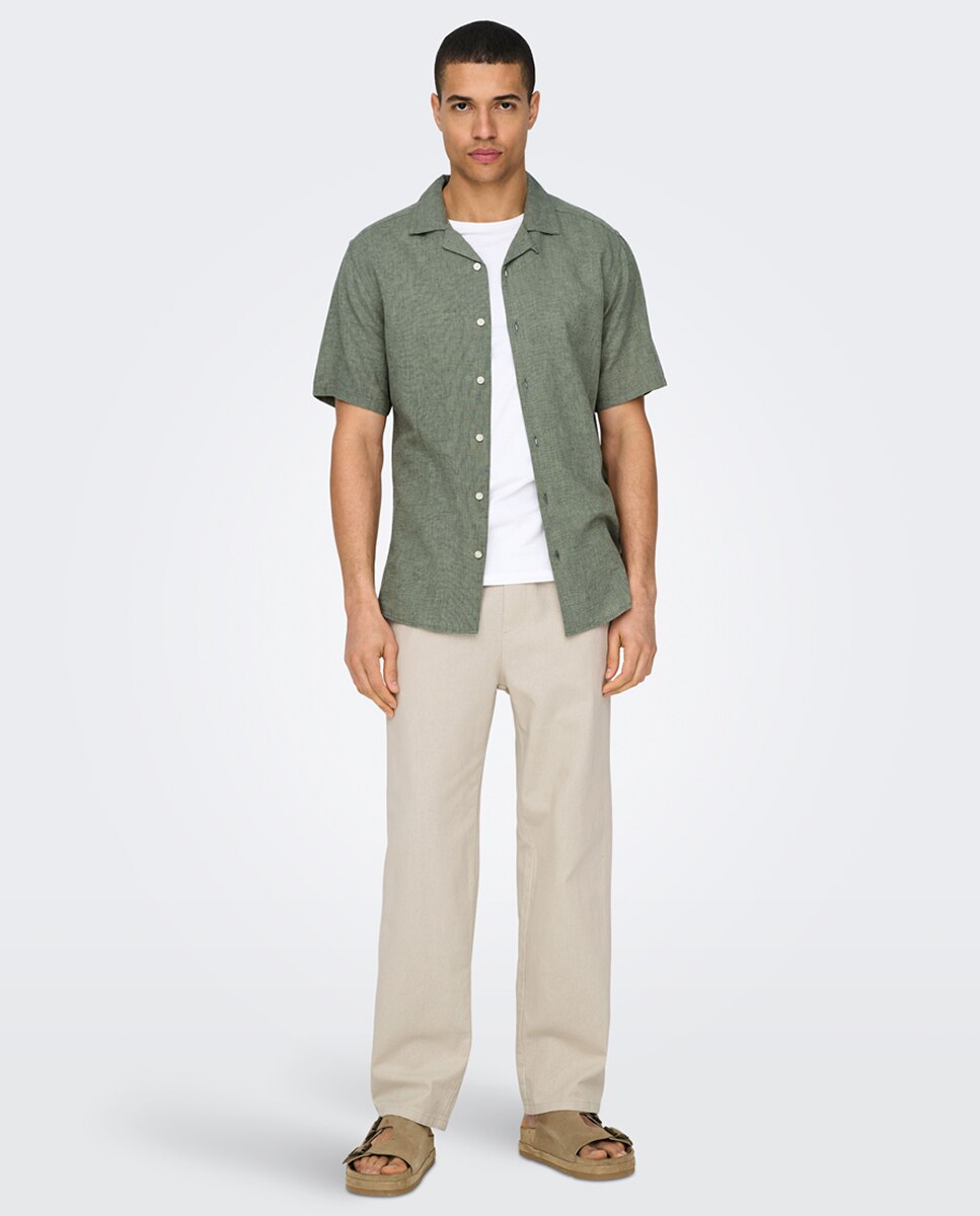 Camisa de manga corta de lino de hombre - Only & Sons - Verde Verde-3