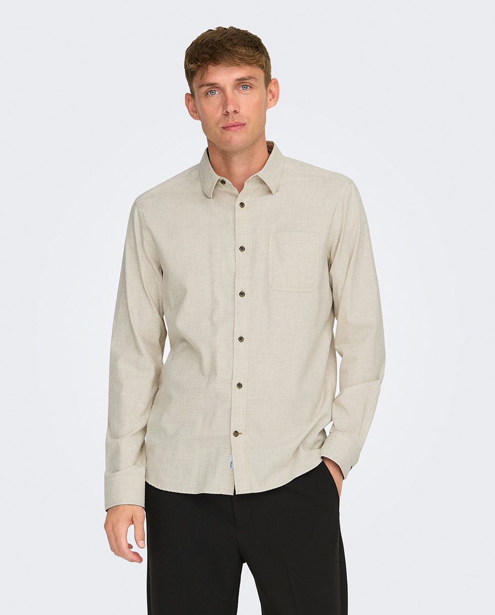 Camisa de Manga Comprida Regular Fit Bege-1