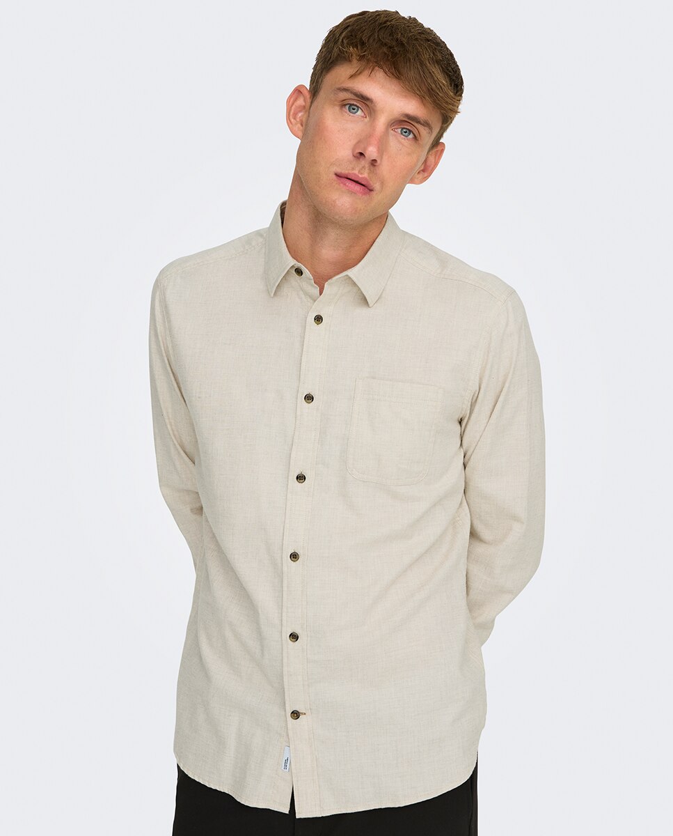 Camisa de Manga Comprida Regular Fit Bege-3
