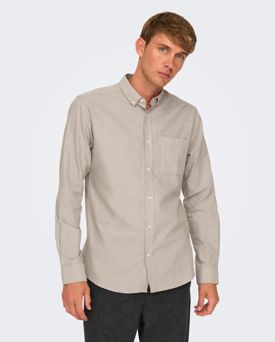 Camisa Oxford de hombre slim lisa - Only & Sons - Beige Beige-1