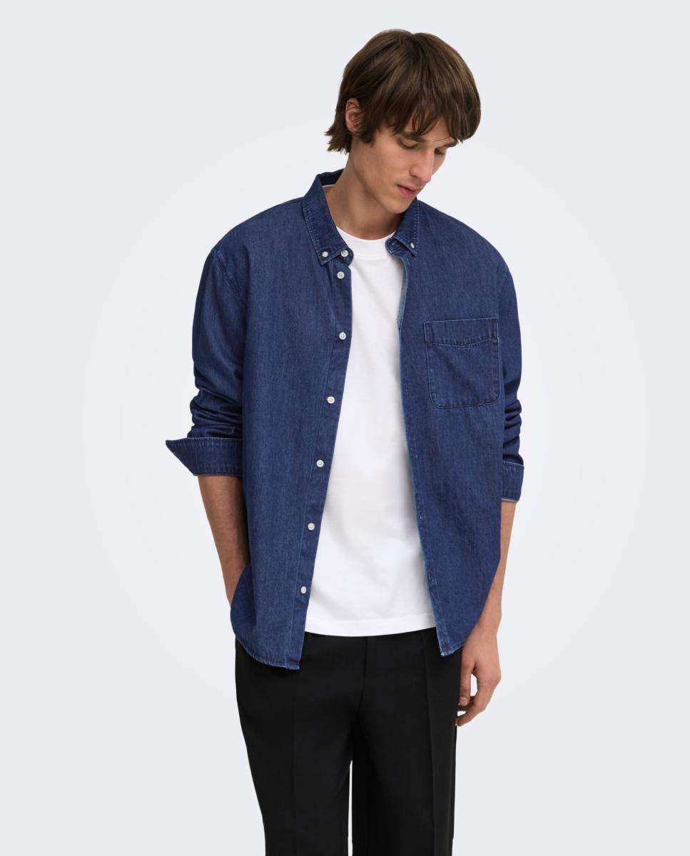 Camisa denim de hombre manga larga regular fit. 100% algodón. - Only & Sons - Azul marino Azul marino-1