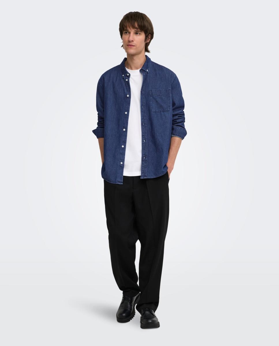 Camisa denim de hombre manga larga regular fit. 100% algodón. - Only & Sons - Azul marino Azul marino-5