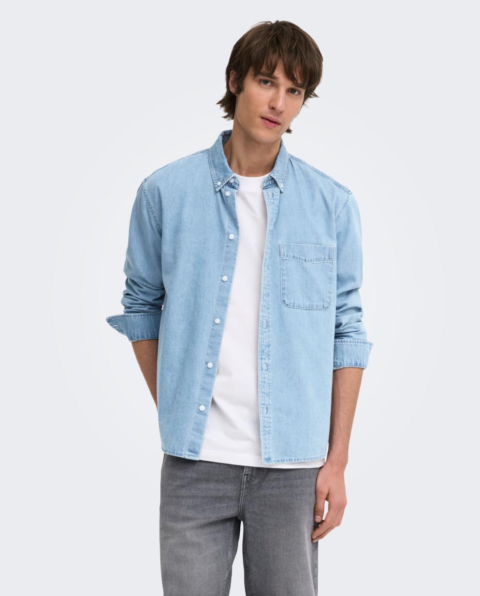 Camisa de Ganga Regular Fit com Manga Comprida. 100% Algodão Azul-claro-1