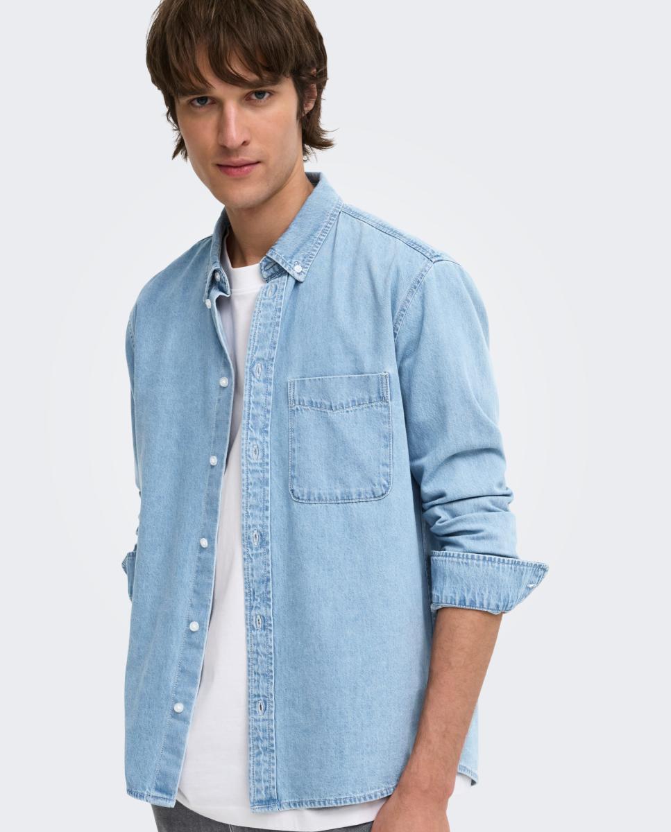 Camisa de Ganga Regular Fit com Manga Comprida. 100% Algodão Azul-claro-2