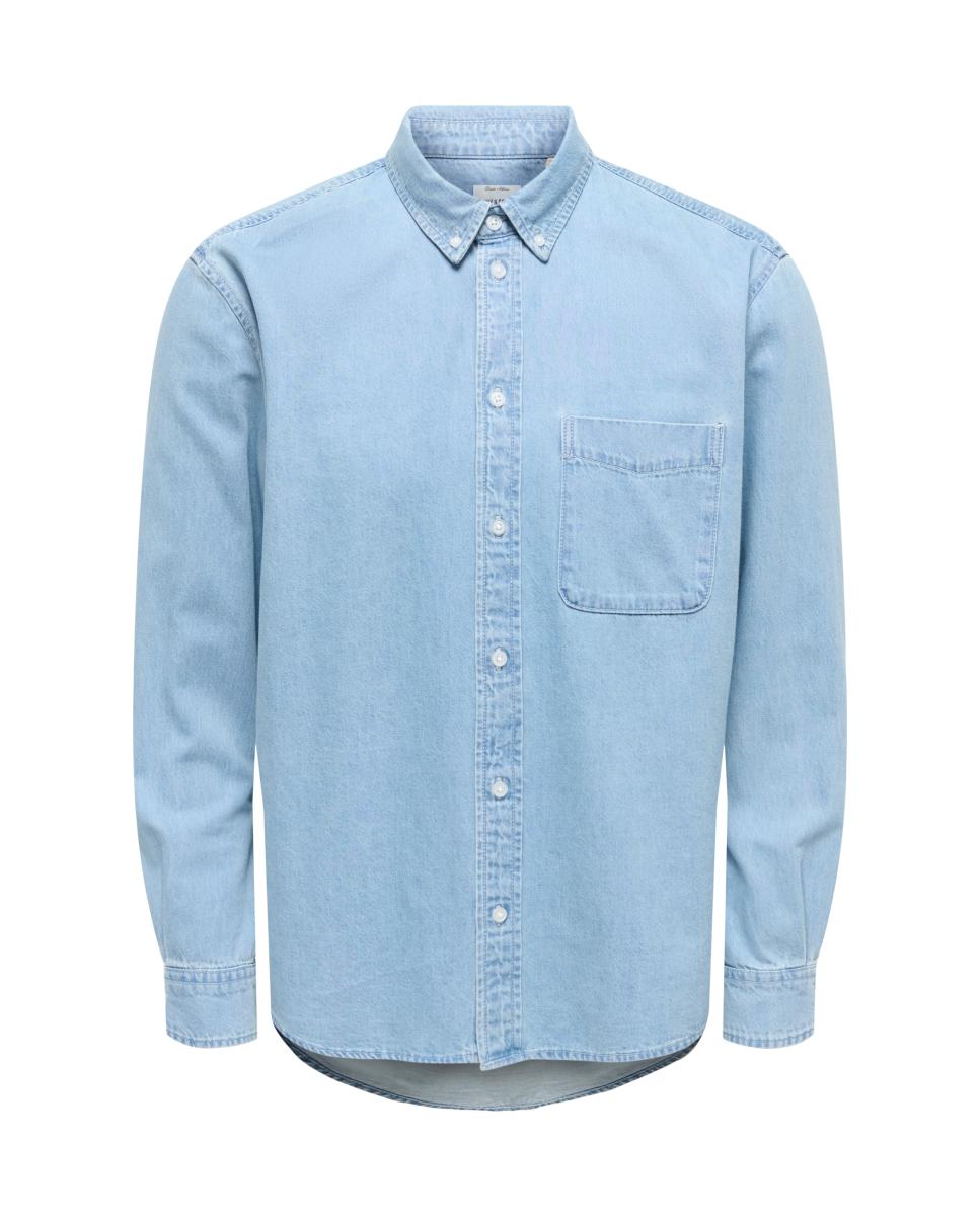 Camisa de Ganga Regular Fit com Manga Comprida. 100% Algodão Azul-claro-3