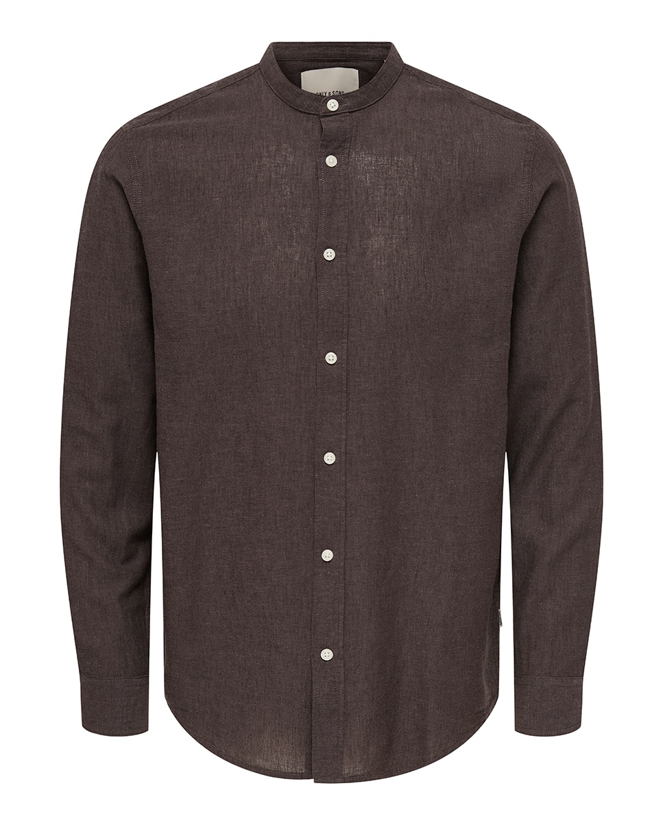 Camisa de Linho Slim Fit com Manga Comprida Castanho-escuro-3