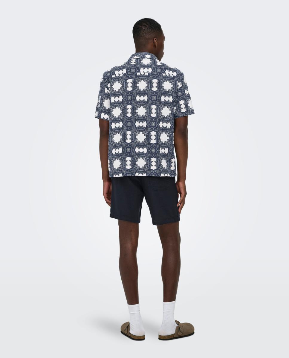Camisa Regular Fit com Manga Curta Composta de Linho e Algodão Azul-2