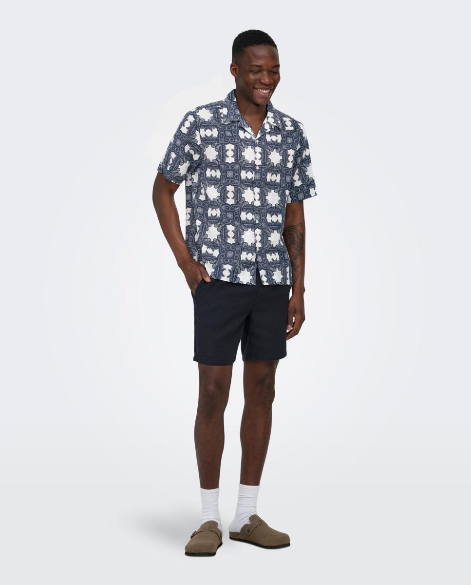 Camisa Regular Fit com Manga Curta Composta de Linho e Algodão Azul-6