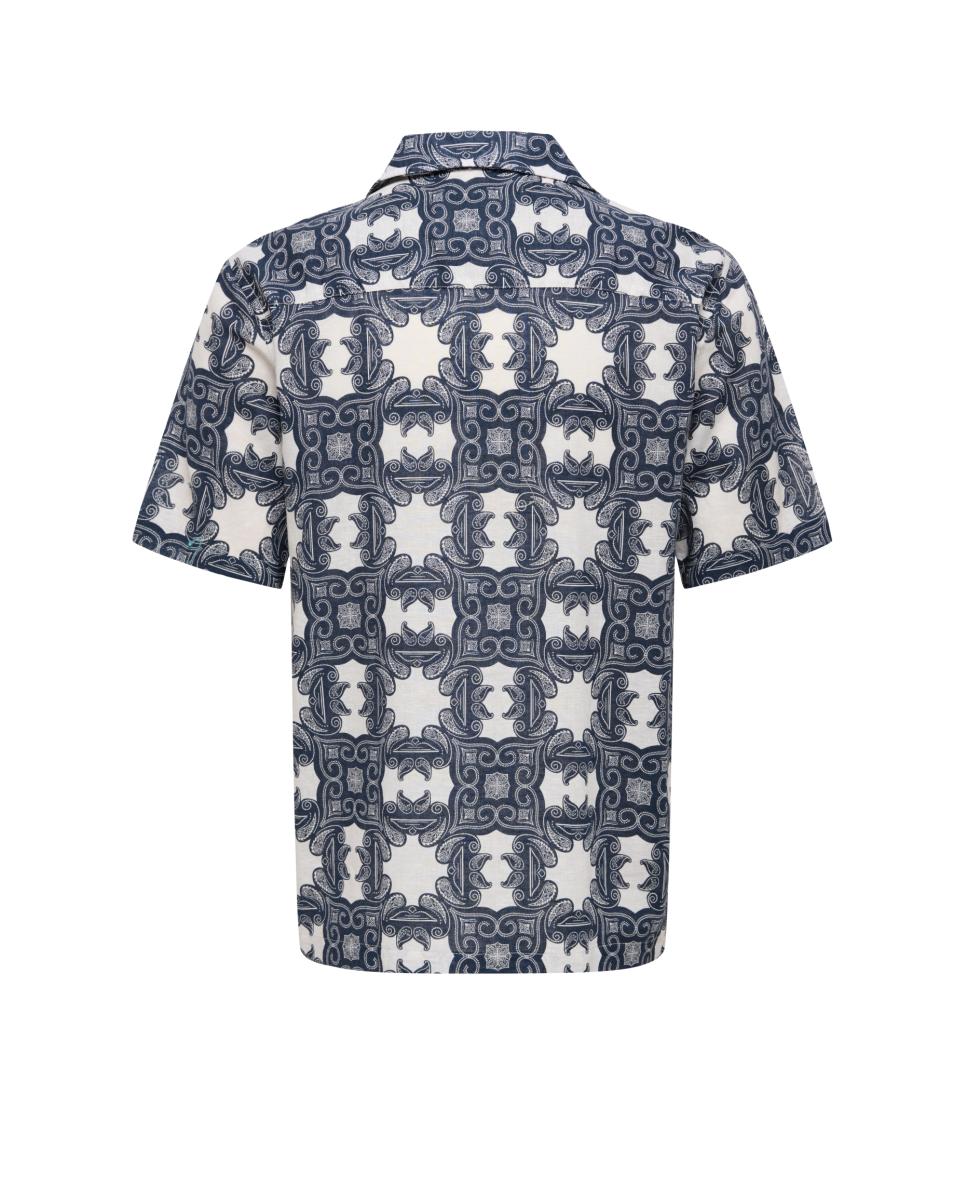 Camisa Regular Fit com Manga Curta Composta de Linho e Algodão Azul-5