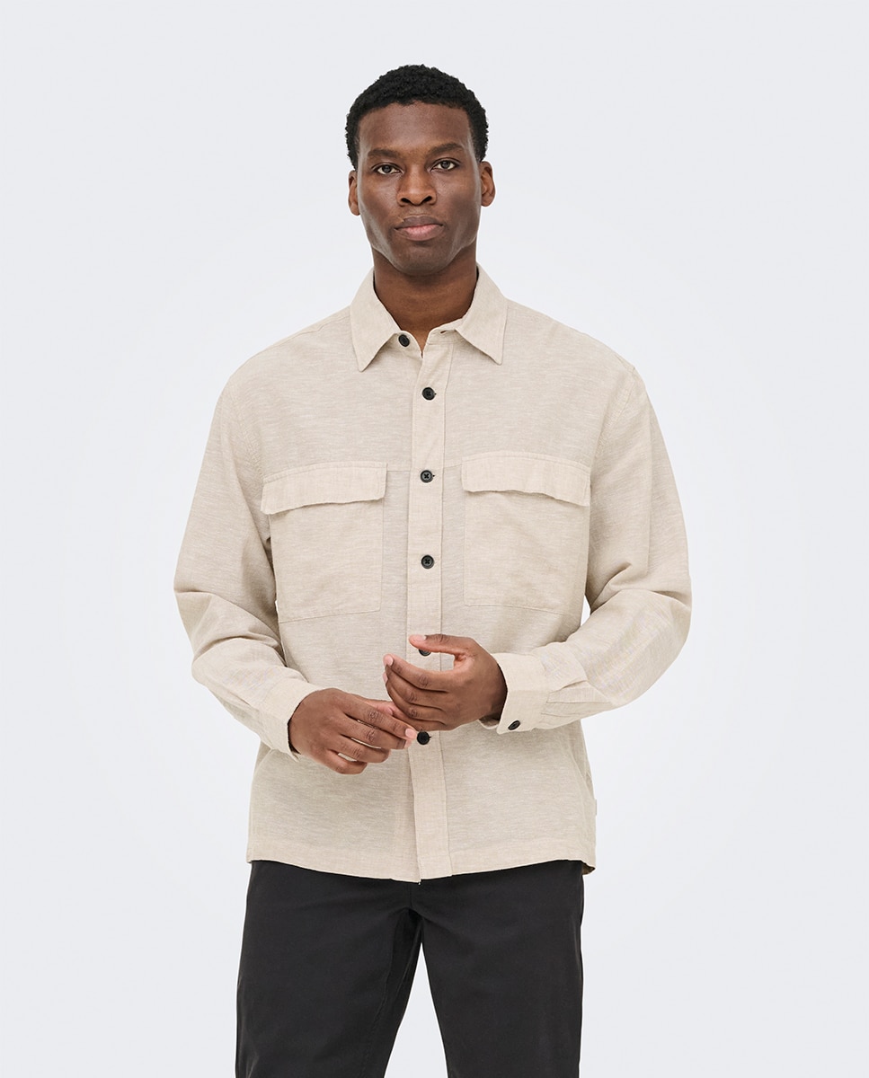 Sobrecamisa de Linho e Algodão Regular Fit Bege-2