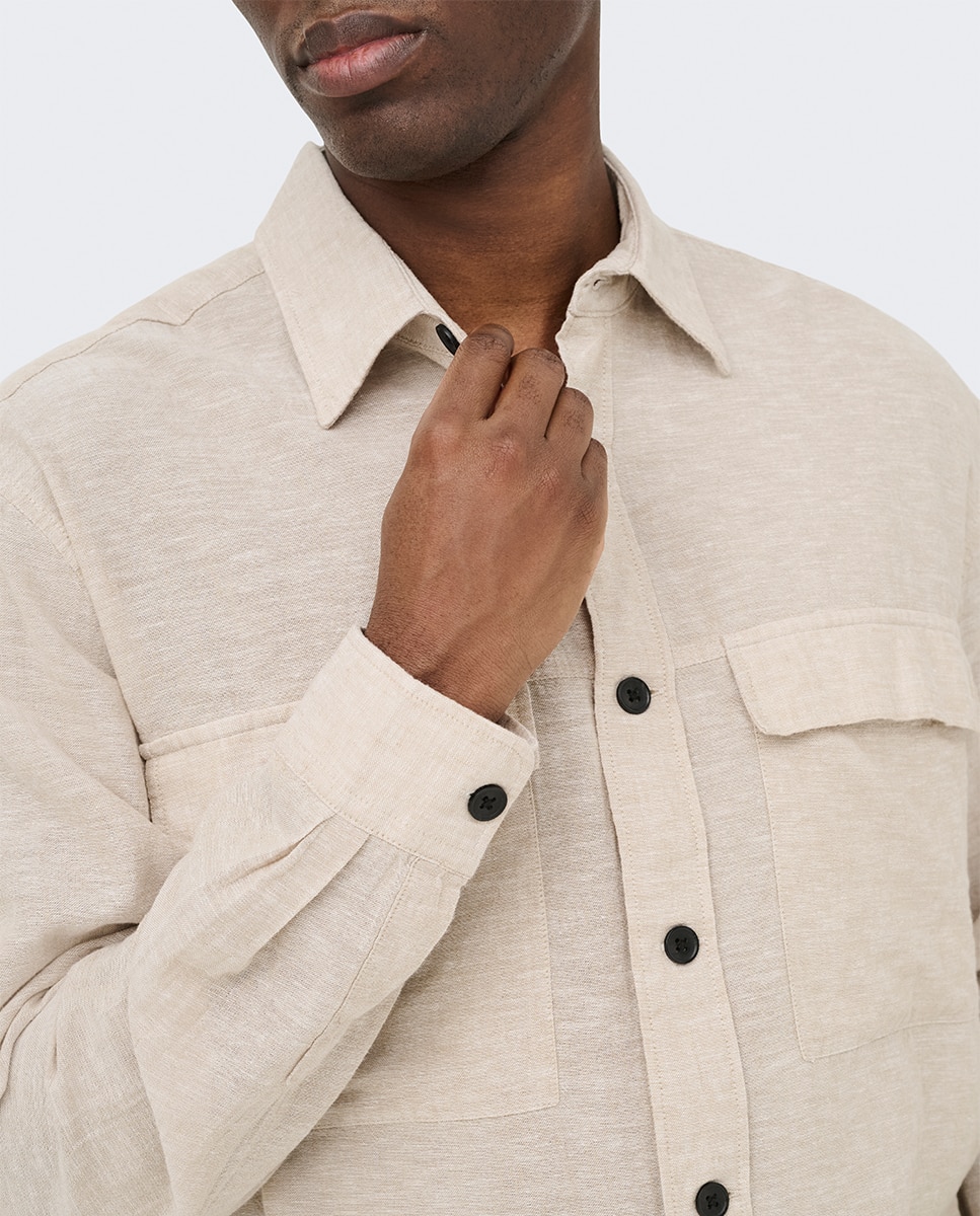 Sobrecamisa de Linho e Algodão Regular Fit Bege-3