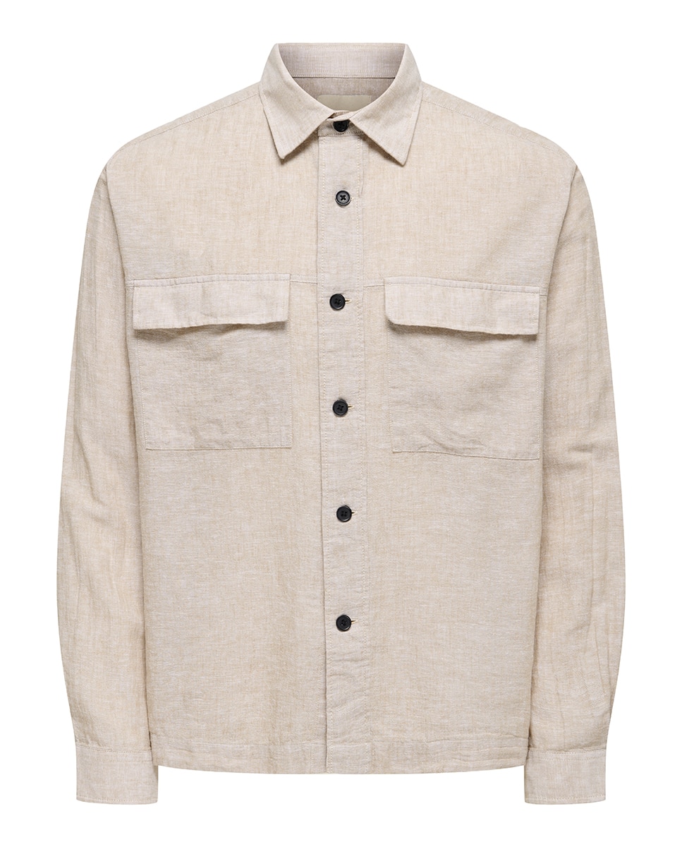 Sobrecamisa de Linho e Algodão Regular Fit Bege-4