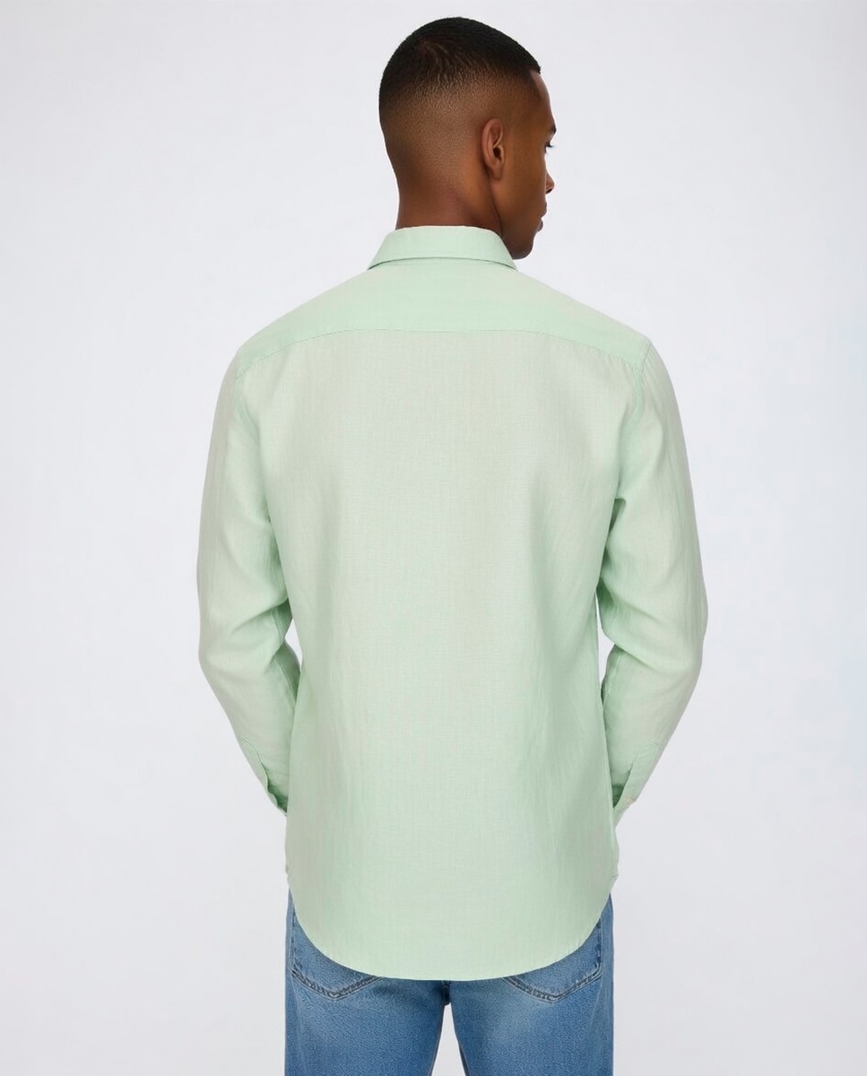Camisa Regular Fit com Manga Comprida e em Linho Verde-claro-2