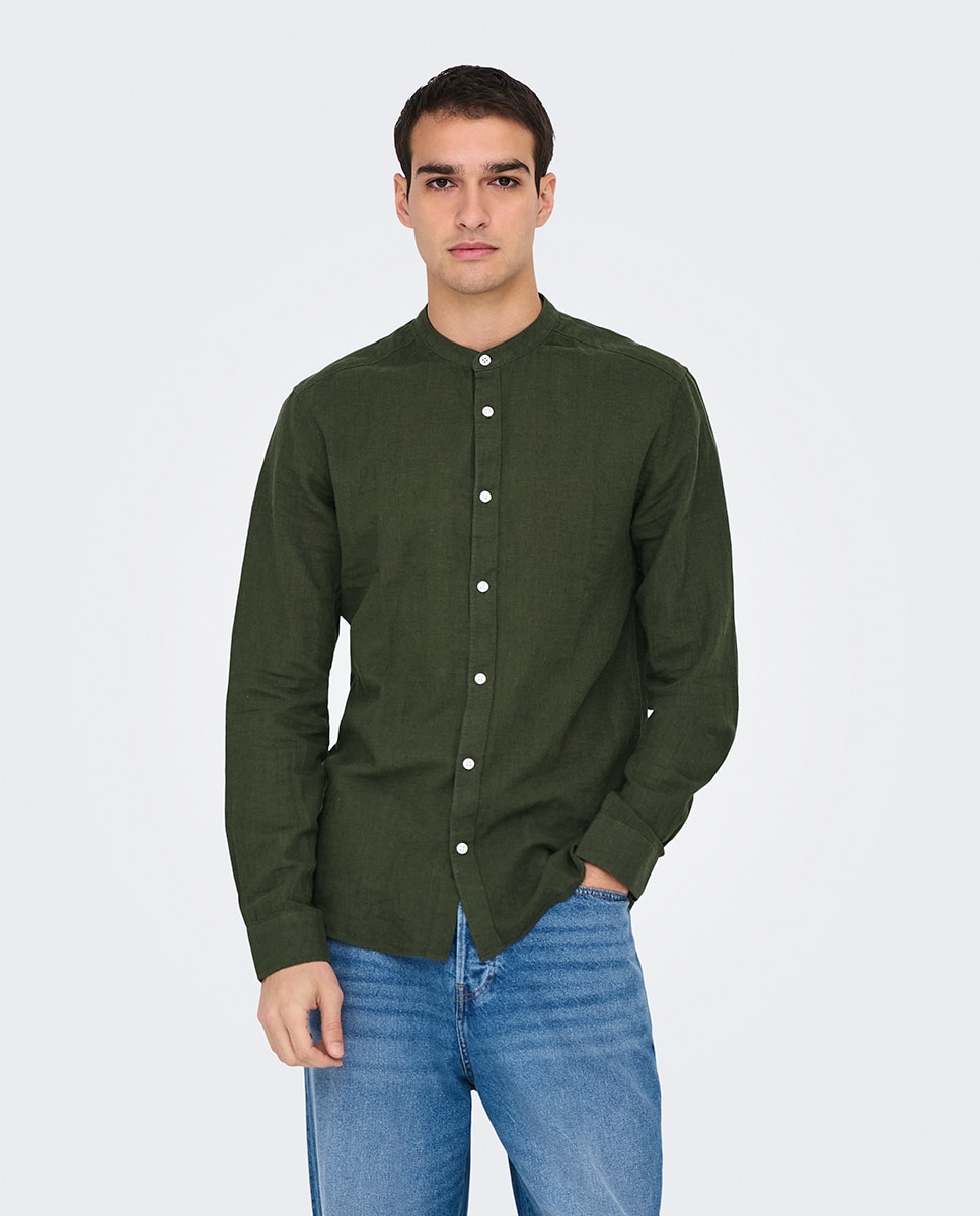 Camisa de Linho Slim Fit com Manga Comprida Verde-militar-1