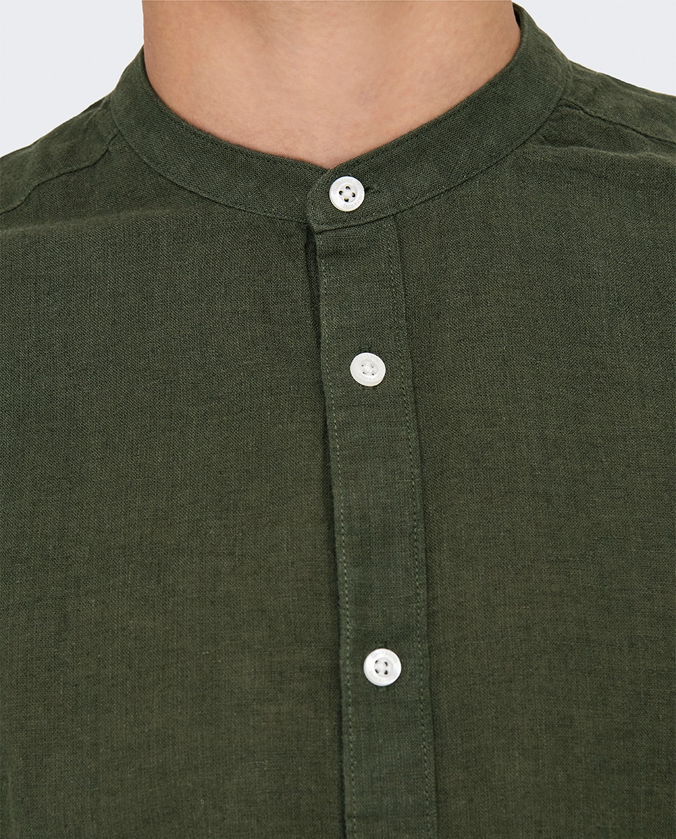 Camisa de Linho Slim Fit com Manga Comprida Verde-militar-2