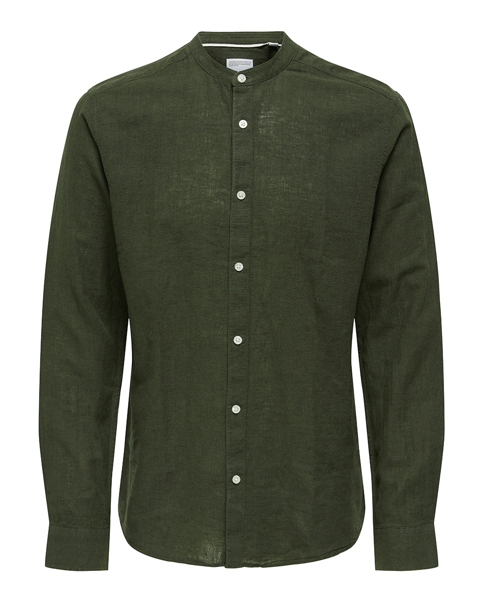 Camisa de Linho Slim Fit com Manga Comprida Verde-militar-3