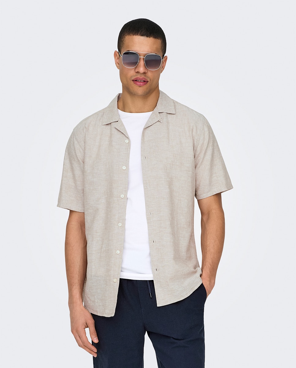 Camisa de manga corta de lino de hombre - Only & Sons - Gris Gris-3