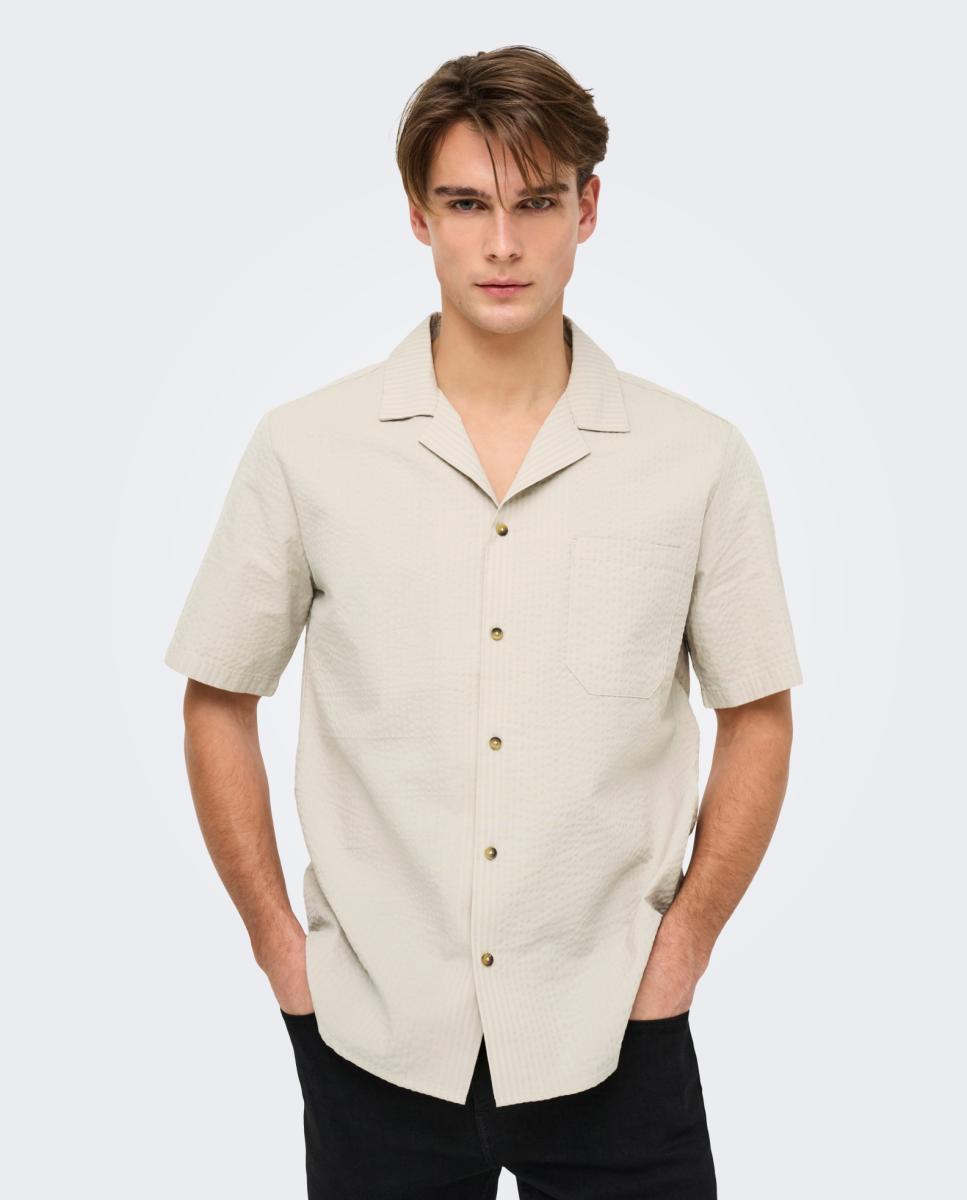 Camisa de Manga Curta com Efeito Seersucker Bege-2