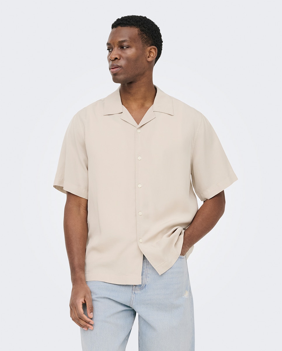 Camisa de Viscose com Manga Curta Bege-3