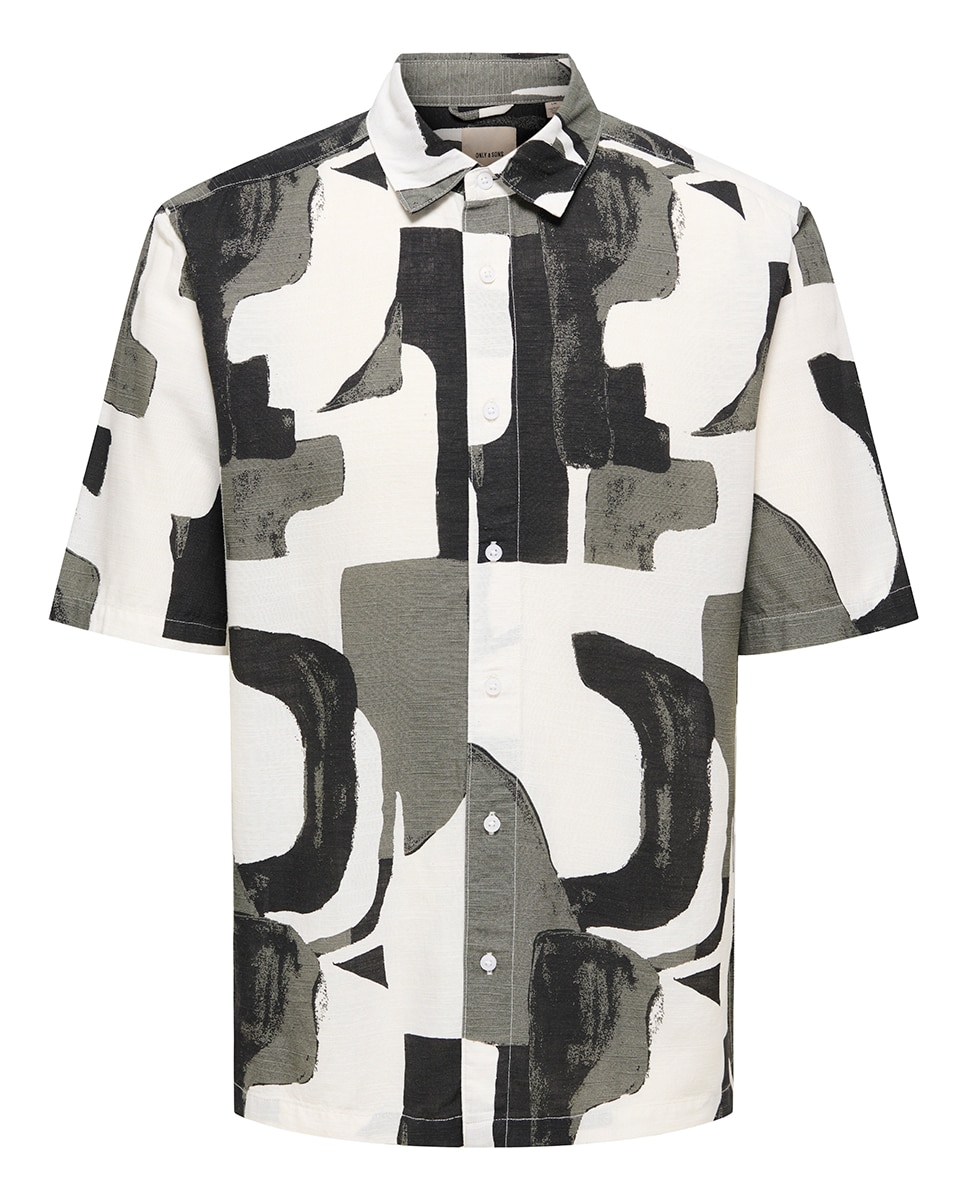 Camisa de Manga Curta com Estampado Abstrato Preto-3