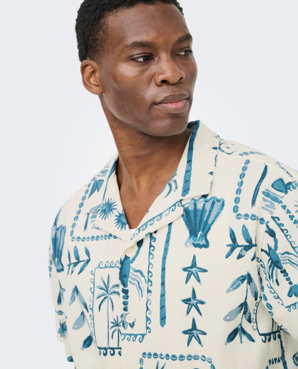 Camisa de Manga Curta com Estampado Creme-2