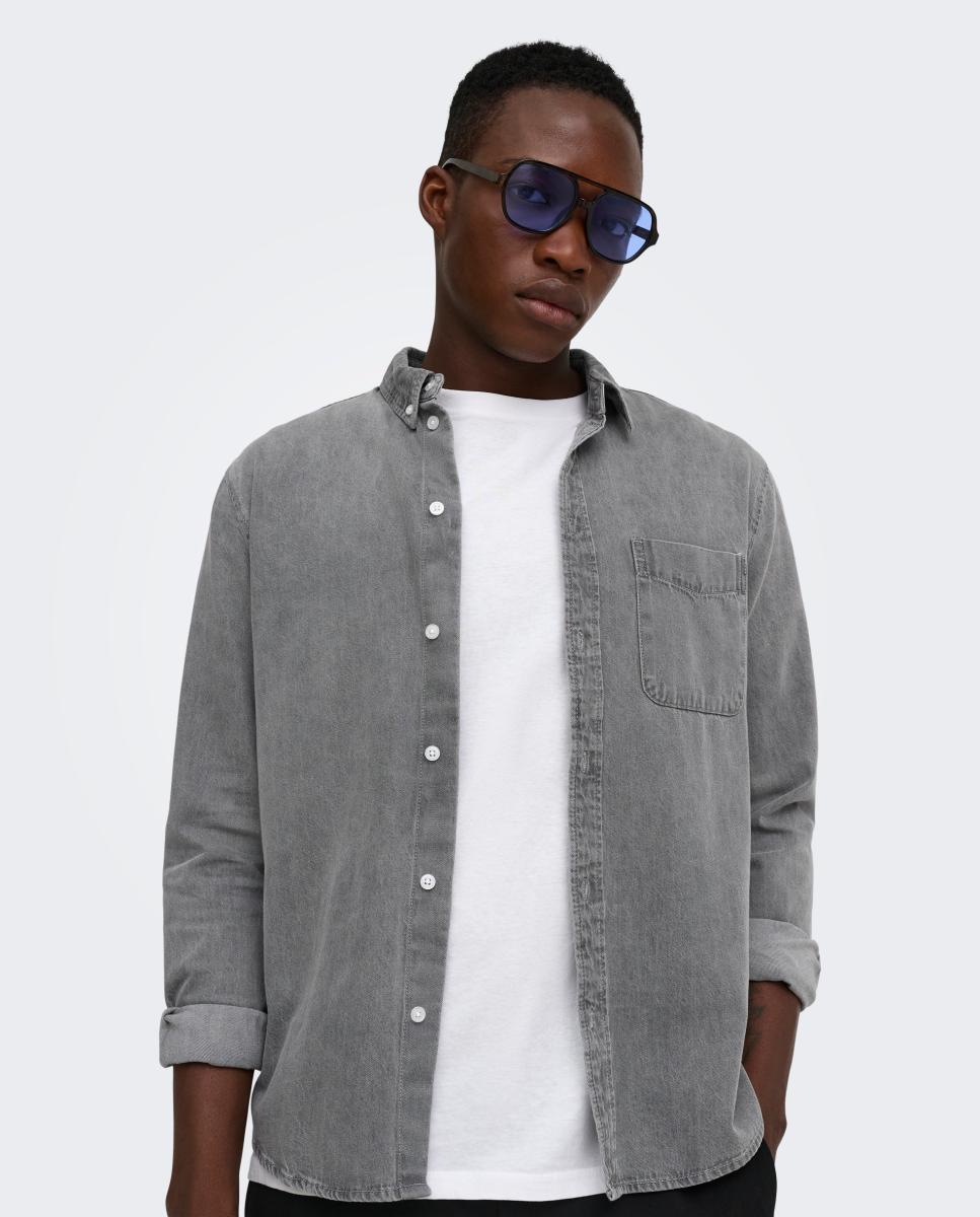 Camisa denim de hombre manga larga regular fit. 100% algodón. - Only & Sons - Gris claro Gris claro-3