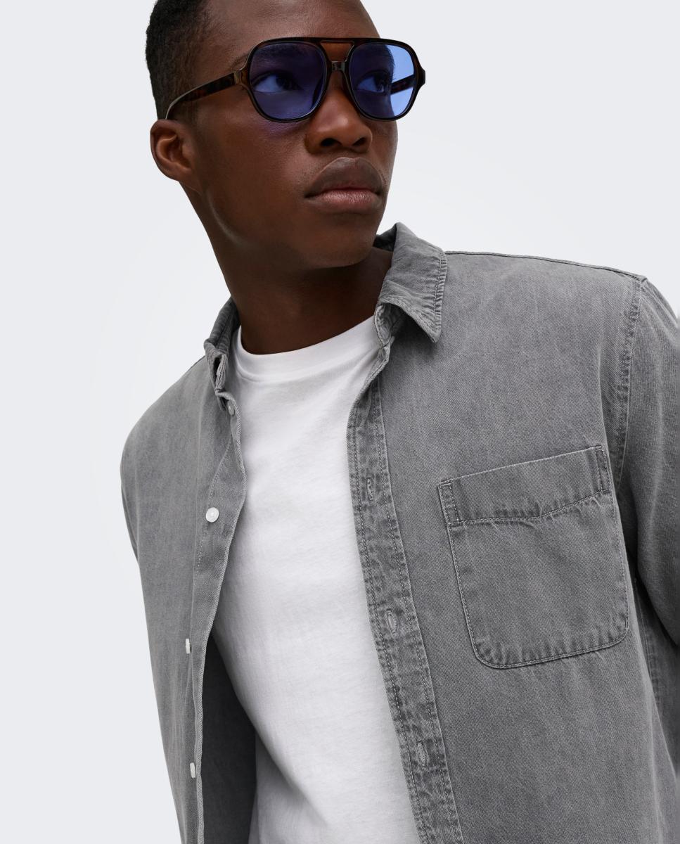 Camisa denim de hombre manga larga regular fit. 100% algodón. - Only & Sons - Gris claro Gris claro-4