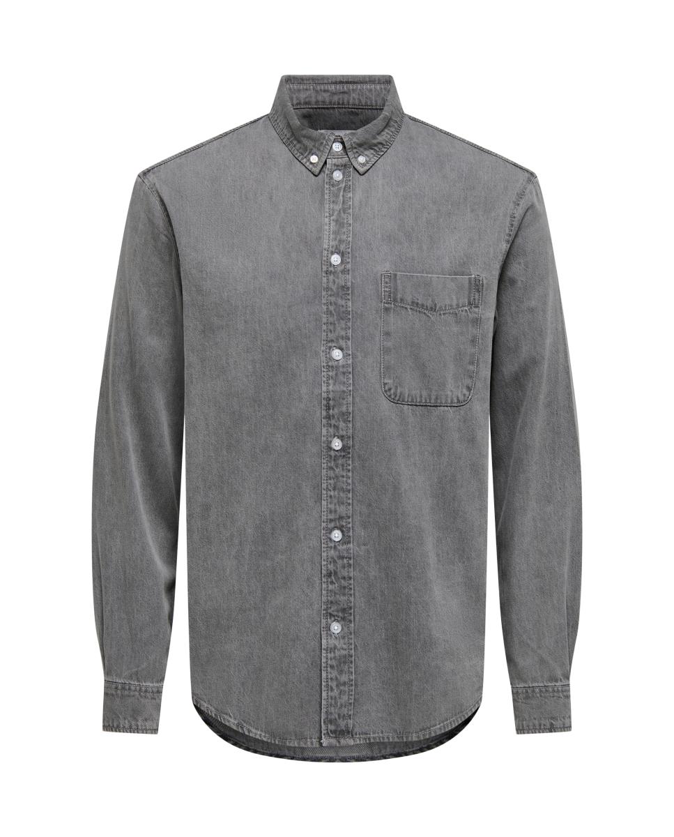 Camisa denim de hombre manga larga regular fit. 100% algodón. - Only & Sons - Gris claro Gris claro-5