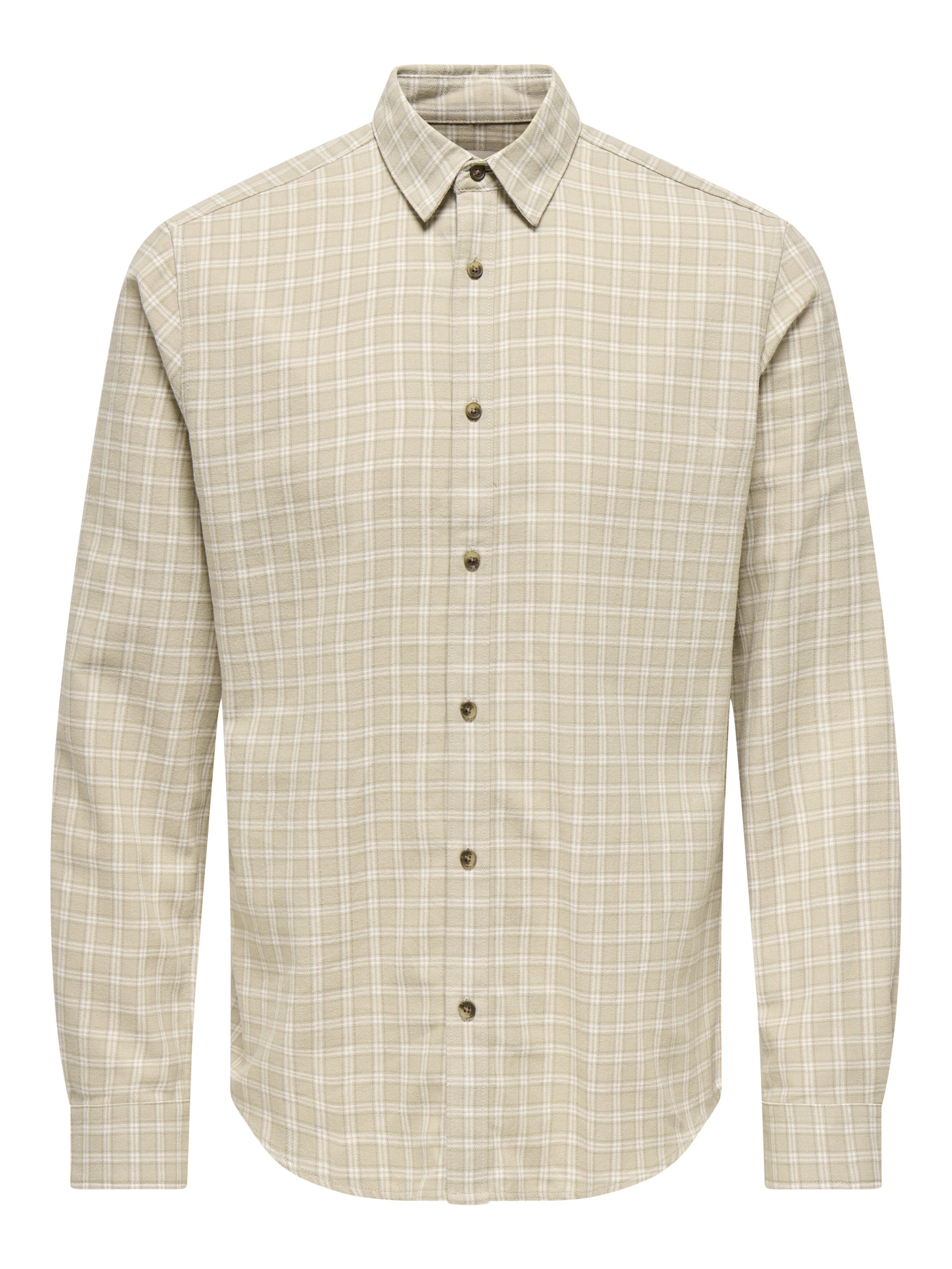 Camisa aos Quadrados de Manga Comprida Bege-3