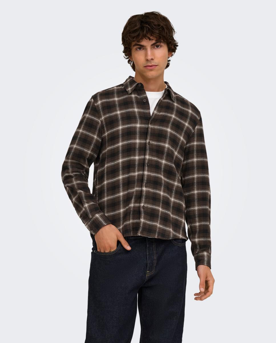 Camisa de hombre manga larga regular fit. 100% Algodón orgánico. - Only & Sons - Marrón oscuro Marrón oscuro-1