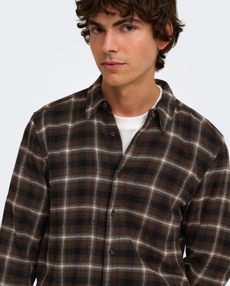 Camisa de hombre manga larga regular fit. 100% Algodón orgánico. - Only & Sons - Marrón oscuro Marrón oscuro-3