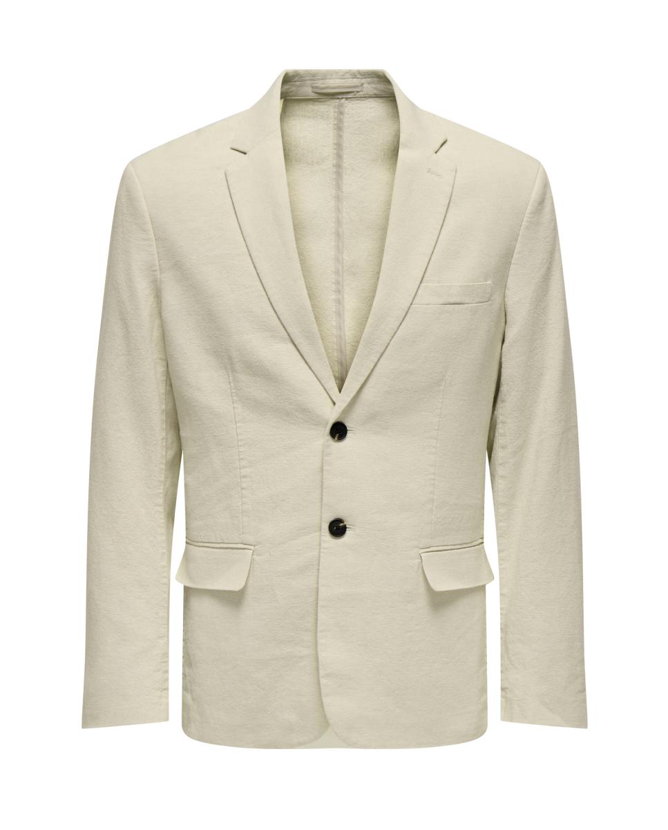 Casaco Blazer Slim Fit de Algodão e Linho Bege-3
