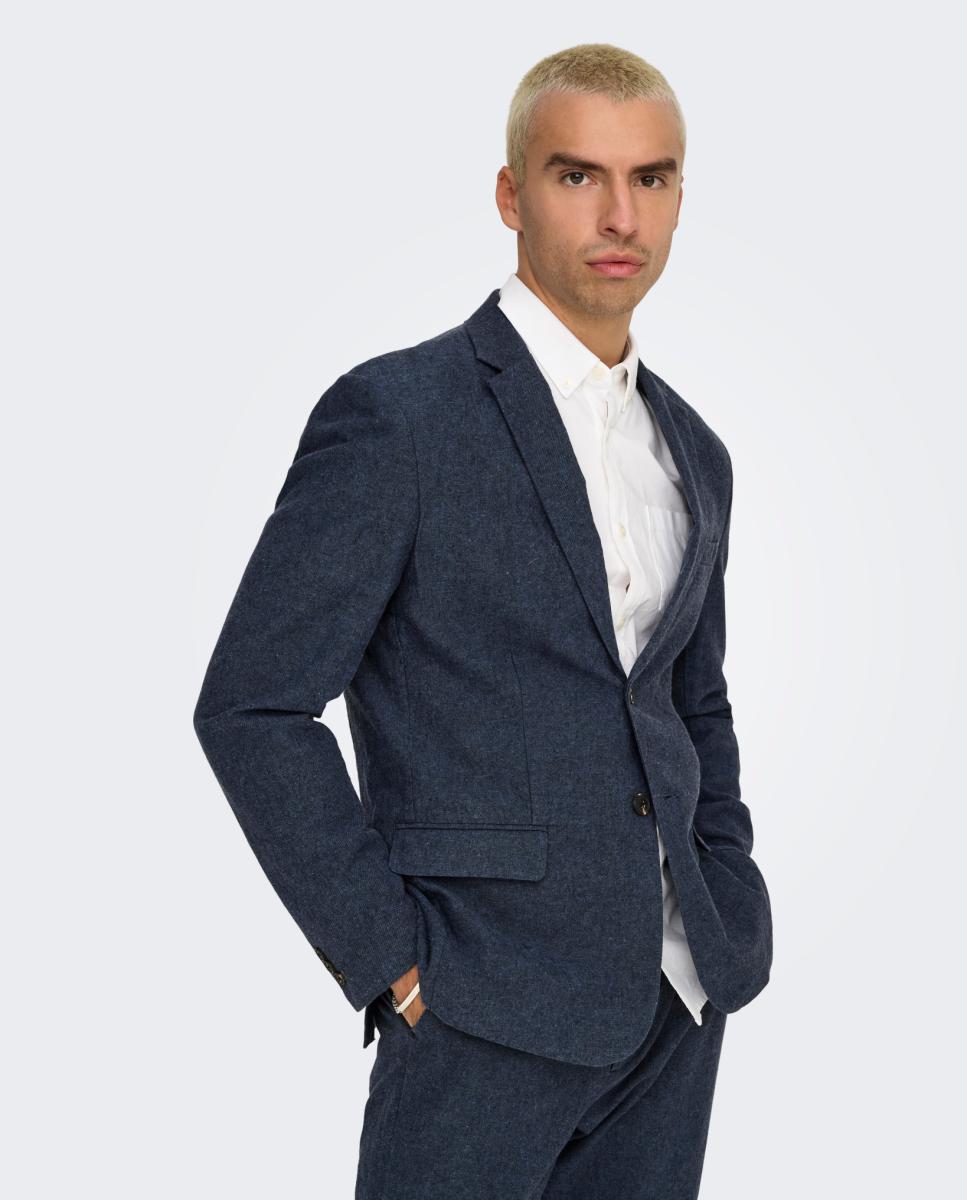 Casaco Tipo Blazer Slim Fit. Composto de Algodão e Linho Azul-marinho-2