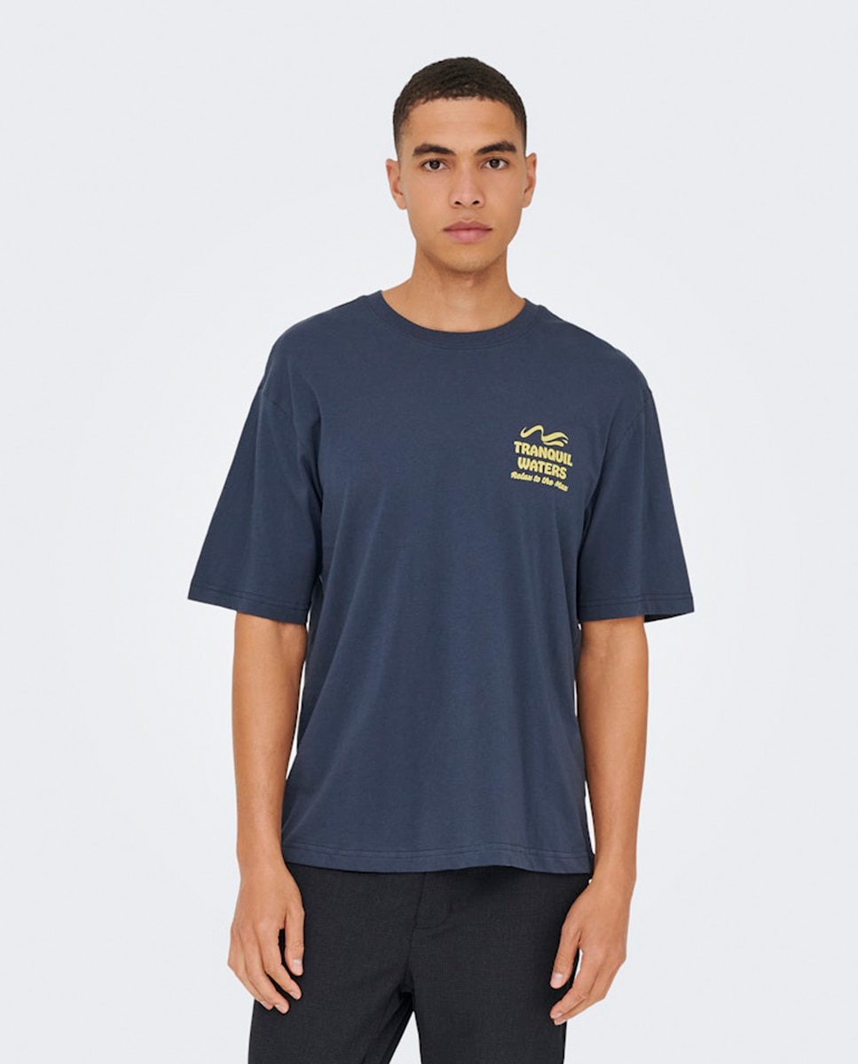 T-shirt Relaxed Fit com Manga Curta Azul-1