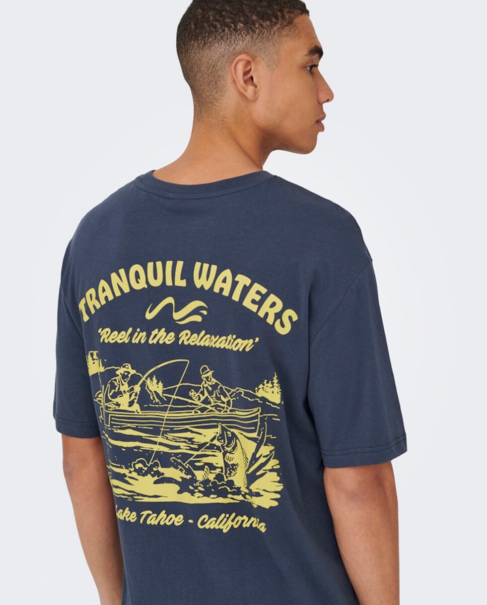 T-shirt Relaxed Fit com Manga Curta Azul-3